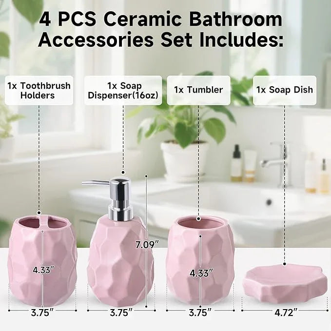 Ceramic Bathroom Accessories Set 4 PCS,Bathroom Toothbrush Holder Set,Soap and Toothbrush Holder Set,Include Toothbrush Holder,Soap Dispenser,Tumbler,Soap Dish,Bathroom Sets Decor Organizer (Pink) - ModernBath