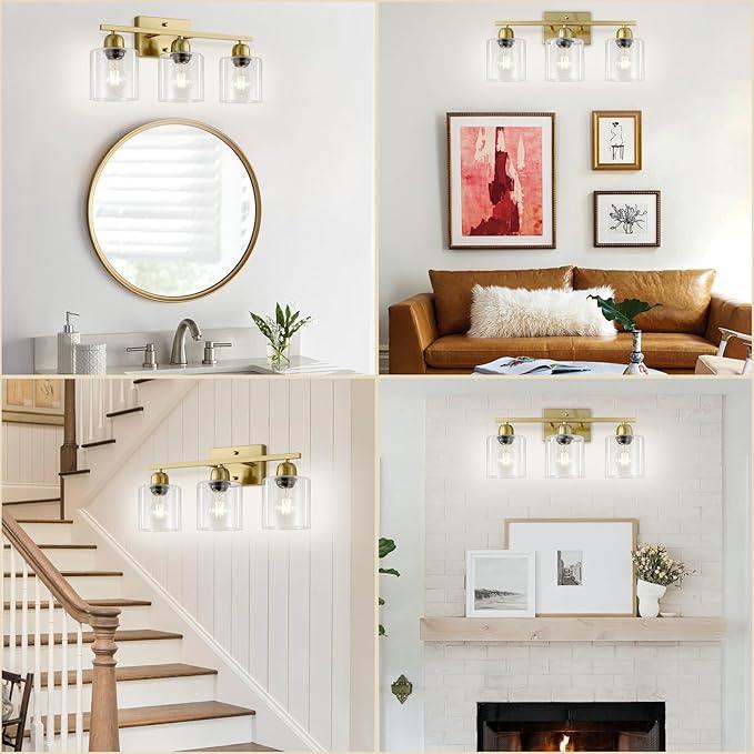 FAISHILAN Modern Brushed Gold 3 Light Bathroom Light Fixtures, 19 inch Vanity Lights for Bathroom with Clear Glass, Bathroom Lighting Fixtures Over Mirror for Mirror Kitchen Living Room - ModernBath