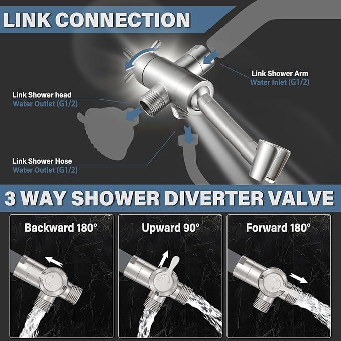 All Metal Shower Diverter Valve with Handshower Holder, YDmeet Upgraded 3 Way Shower Head Diverter for Handheld and Fixed Rain Showerhead, Universal G1/2 shower Diverter Bathroom Part, Brushed Nickel - ModernBath