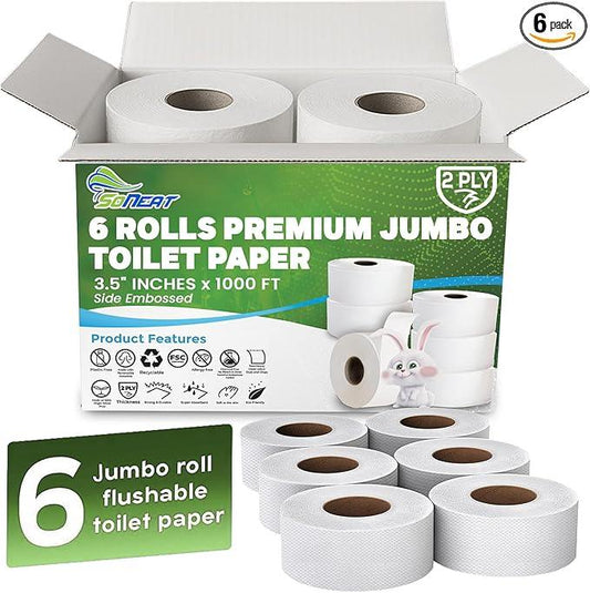 Commercial toilet paper - Jumbo toilet paper rolls -6,000 FT Industrial 2-Ply 9” Bulk Large Roll for Standard Jumbo Dispenser -100% Recycled Fibers-Soft and Absorbent Bathroom Tissue -6 Roll Case Pack - ModernBath