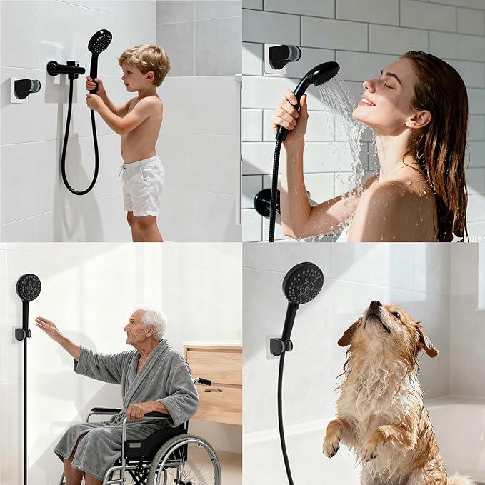 Hibbent 2 Pack Shower Head Holder - Strong Adhesive Wall Mount, Height Adjustable, No Drilling - Matte Black - ModernBath