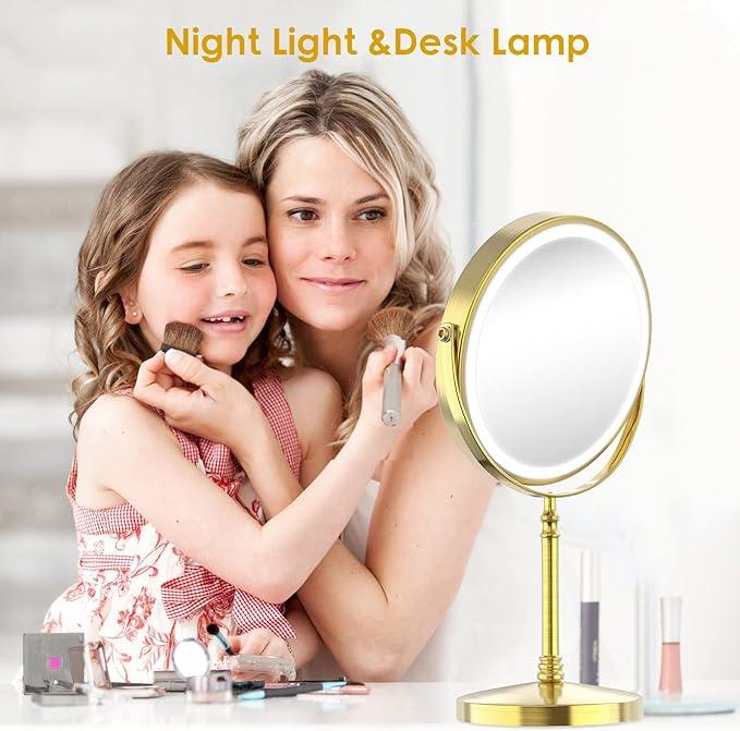 Lighted Makeup Mirror, 3000 mAh Rechargeable Double Sided Magnifying Vanity Mirror with 3 Colors, 1x/10x, 360° Rotation , Brightness Adjustable Magnification Cosmetic Light up Mirror, Women Gift - ModernBath