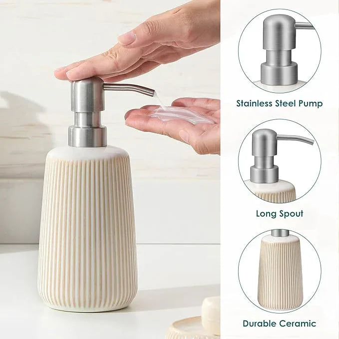 vancasso Ceramic Bathroom Accessories Set 4 Piece, Soap Dispenser with Stainless Steel Pump, Toothbrush Holder, Tumbler and Soap Dish, Modern Relief Design, Bathroom Decor Organizer, Beige-White - ModernBath