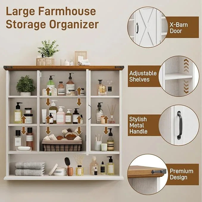 Bathroom Wall Cabinet, Farmhouse Medicine Cabinet with Adjustable Shelves and Barn Doors, Large Wall Mounted Over the Toilet Storage Cabinet for Bathroom, Laundry Room, Kitchen, Rustic White and Brown - ModernBath