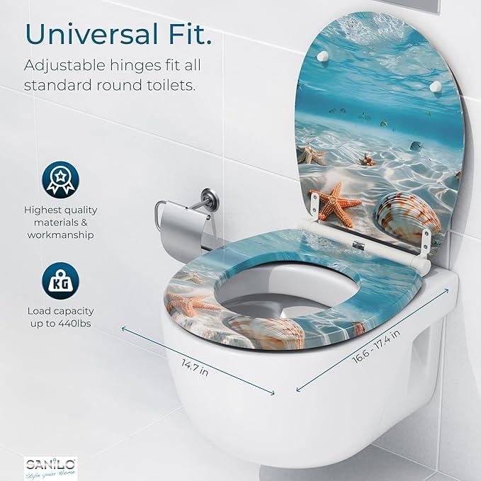 Sanilo Wooden Toilet Seat with Quick Release & Soft Close [ROUND] - Decorative & Slow Close Molded Wood Seat - With One Click for Easy Installation & Cleaning - With Adjustable Fit (Waterworld) - ModernBath