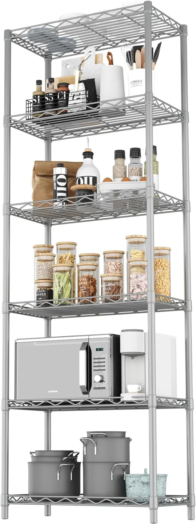 HOMEFORT 6-Tier Wire Shelving, 6 Shelves Unit Metal Storage Rack, Closet Shelves for Kitchen, Pantry, Closet, Bathroom, 14" D x 21" W x 75.6" H (Grey) - ModernBath