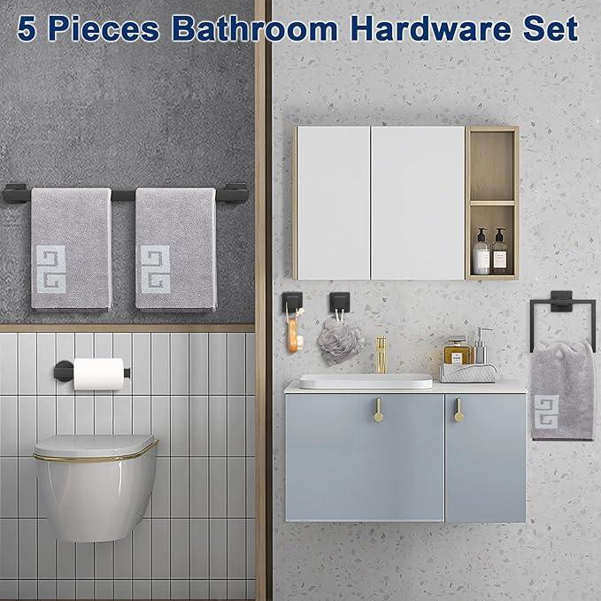 NearMoon 5 Pieces Bathroom Hardware Set 304 Stainless Steel, Square Towel Rack Kit - 24" Towel Rod + Towel Ring + Toilet Paper Holder + 2 Robe Hooks, Wall Mounted Bath Accessories (Matte Black) - ModernBath