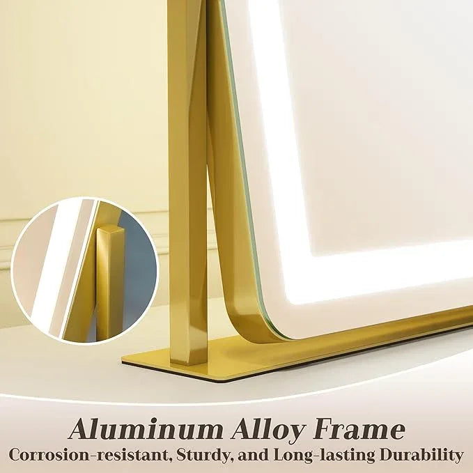 ROLOVE Gold Vanity Mirror with Lights - Smart Touch Dimming, 3-Color Lighting, 360° Rotatable Desktop Makeup Mirror for Desk, 22"x17" - ModernBath