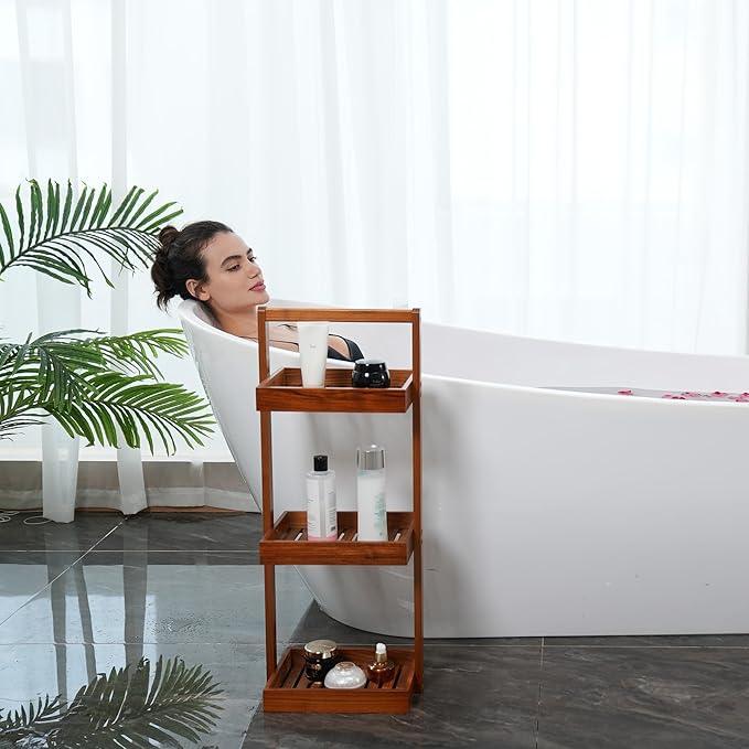 Utoplike Teak Shower Caddy Corner, 3 Tier Standing Shower Organizer Shelf with Handle, Wood Bathroom Stand Up Caddy Basket for Shampoo, Rack for Inside Shower, Bath, Office, Kitchen Desktop - ModernBath