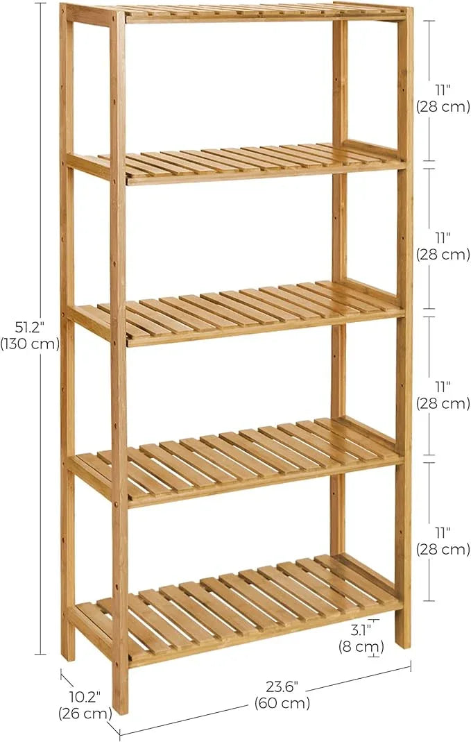 SONGMICS Bamboo Storage Shelf, 5-Tier Shelving Unit, Multifunctional, in The Entryway, Bathroom, Living Room, Balcony, Kitchen, 10.2 x 23.6 x 51.2 Inches, Light Bamboo UBCB35Y - ModernBath