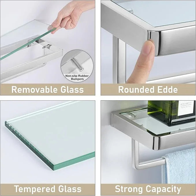 Bathroom Shelves Glass Bathroom Shelf with Towel Bar, Floating Shelves for Living Room/Study Room Tempered Glass Rectangular 1 Tier Organizer Wall Shelf (Chrome Polished, 20'') - ModernBath