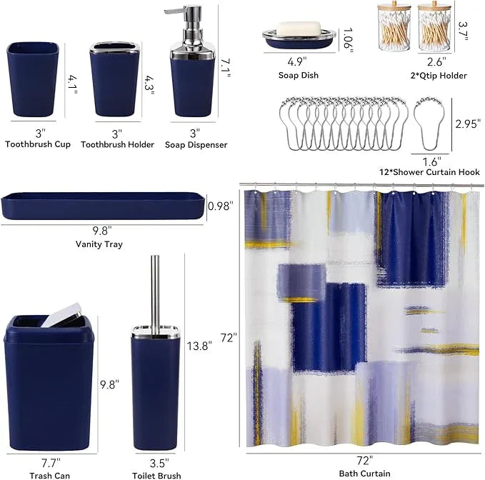 XLHOMO Blue Bathroom Accessories Set, Bathroom Sets with Shower Curtain, Navy Blue Bathroom Accessories with Trash Can, Soap Dispenser, Soap Dish, Toilet Brush Holder, Qtip Holders for Bathroom - ModernBath