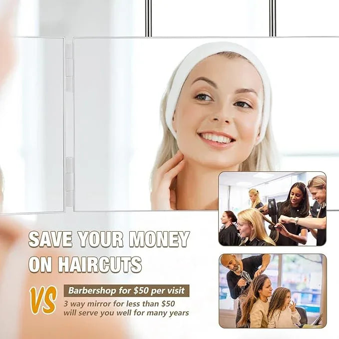 Dripex 3 Way Mirror for Men or Women, 360° Trifold Self Haircut Mirror with Height Adjustable Hooks, for Makeup, Styling, Shaving, Braiding, Dye Hair (White Without Led) - ModernBath