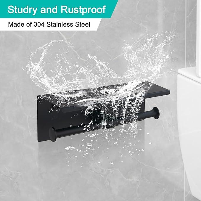 BGL Toilet Paper Holder with Shelf Matte Black, 304 Stainless Steel Wall Mount Toilet Tissue Roll Holder with Double Post for Bathroom, Commercial Toilet Paper Dispenser with Phone Shelf - ModernBath