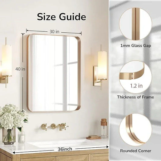 USHOWER Gold Bathroom Mirror 30"x40", Brushed Gold Rectangle Mirror for Over Sink, Rounded Corner, Aluminum Frame, Anti-Rust, Tempered Glass, Horizontal or Vertical Mounted - ModernBath