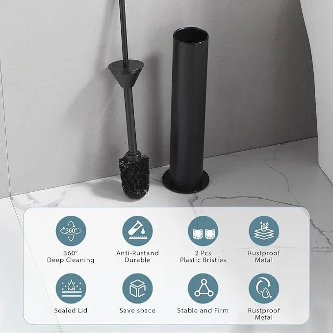 BGL Toilet Brush and Holder Set, Heavy Duty 304 Stainless Steel, Round Base and Long Handle for Bathroom Deep Cleaning, Drip-Proof, Space Saving for Storag, Black - ModernBath