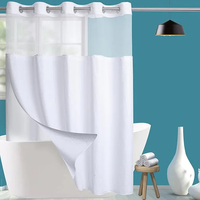 Conbo Mio Stall No Hook Waffle Weave Shower Curtain with Snap in Liner Set, Hotel Luxury White Shower Curtains for Bathroom with See Through Top Window, Waterproof, Washable 54W x 74H - ModernBath