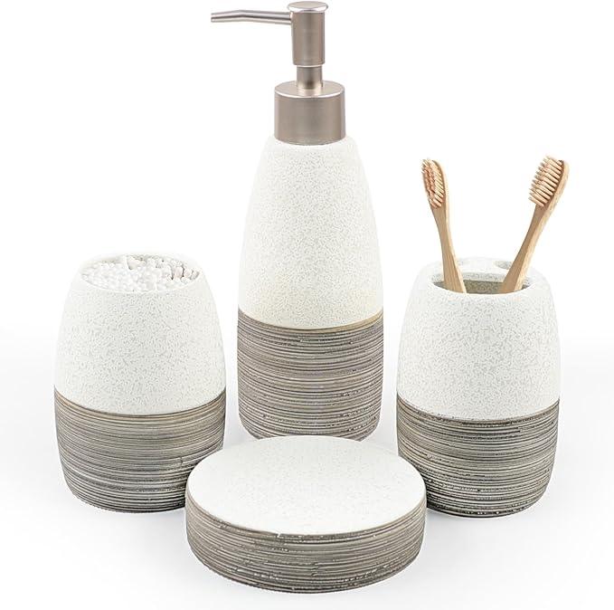 CERBIOR Bathroom Accessories Set,4 Pcs Ceramic Bathroom Decor Accessory,Includes Toothbrush Holder, Toothbrush Cup, Soap Dish for Decorative Countertop and Housewarming Gift, (Grey White) - ModernBath