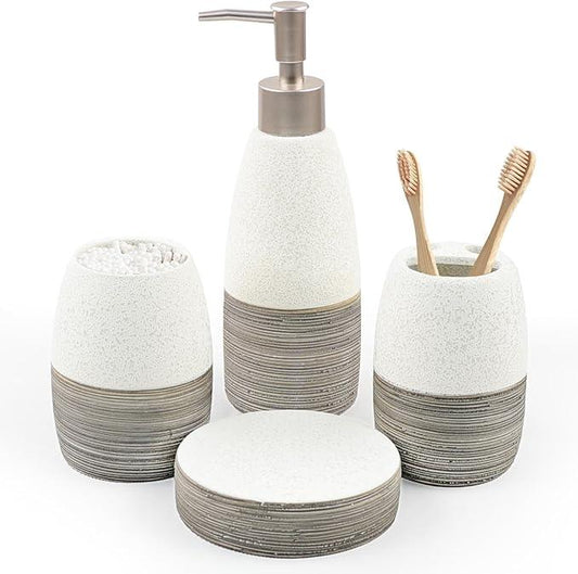 CERBIOR Bathroom Accessories Set,4 Pcs Ceramic Bathroom Decor Accessory,Includes Toothbrush Holder, Toothbrush Cup, Soap Dish for Decorative Countertop and Housewarming Gift, (Grey White) - ModernBath