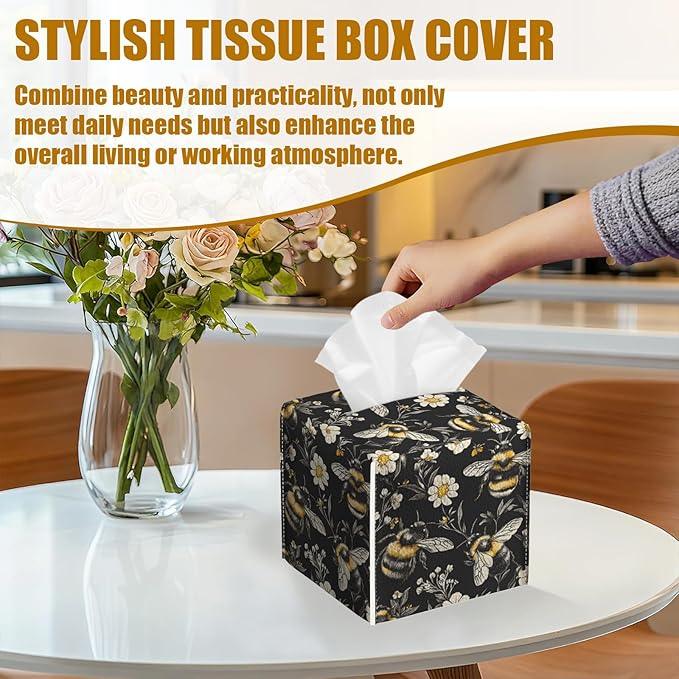 Honeybee White Daisy Tissue Box Cover 2PCS, Leather Tissue Box Holder Square Facial Paper Case Tissue Box Cube Organizer for Bathroom Bedroom Desk Office - ModernBath