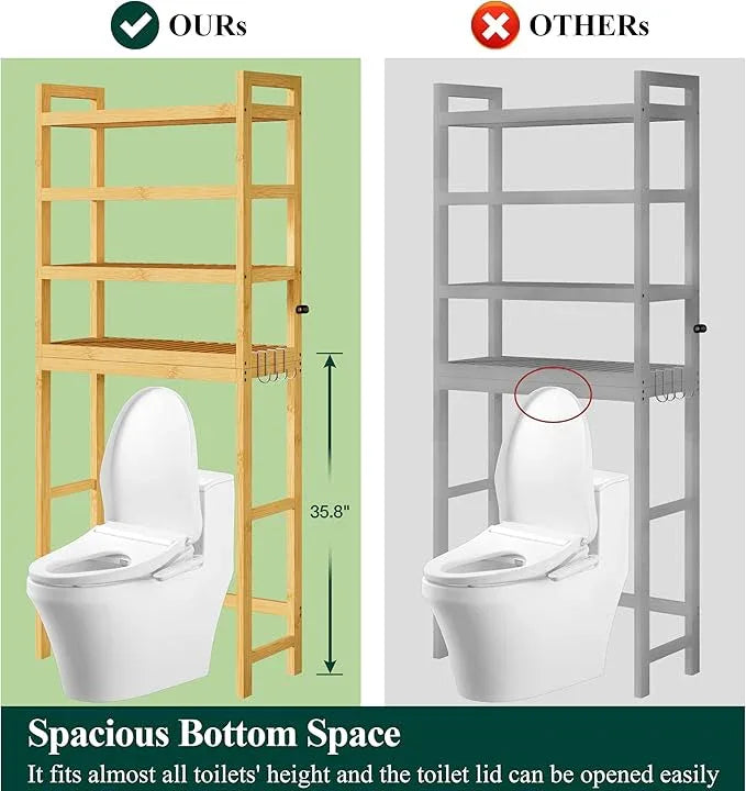 Smiry Over The Toilet Storage Cabinet, 4-Tier Bamboo Bathroom Organizers with Adjustable Shelf & 4 Hooks, Space Saving Shelf Rack for Bathrooms, Laundry Room, Balcony, Natural - ModernBath