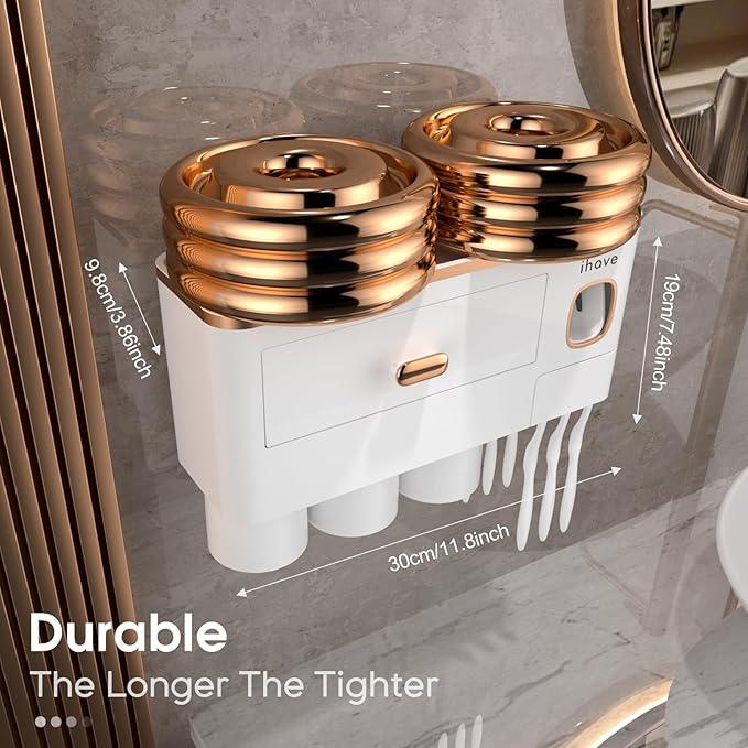 iHave Toothbrush Holders Wall Mounted with Toothpaste Dispenser & 3 Cups - Premium White and Gold Design for Bathroom Decor, All-in-One Bathroom Organizers & Storage for Toothbrushes and Accessories - ModernBath