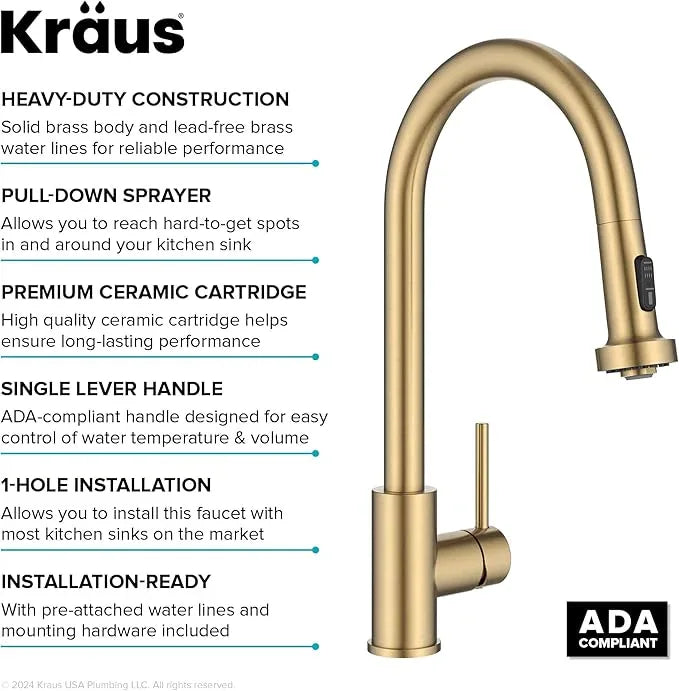 KRAUS Bolden 2-Function Single Handle Pull Down Kitchen Faucet in Spot-Free Brushed Brass, KPF-1616BB - ModernBath