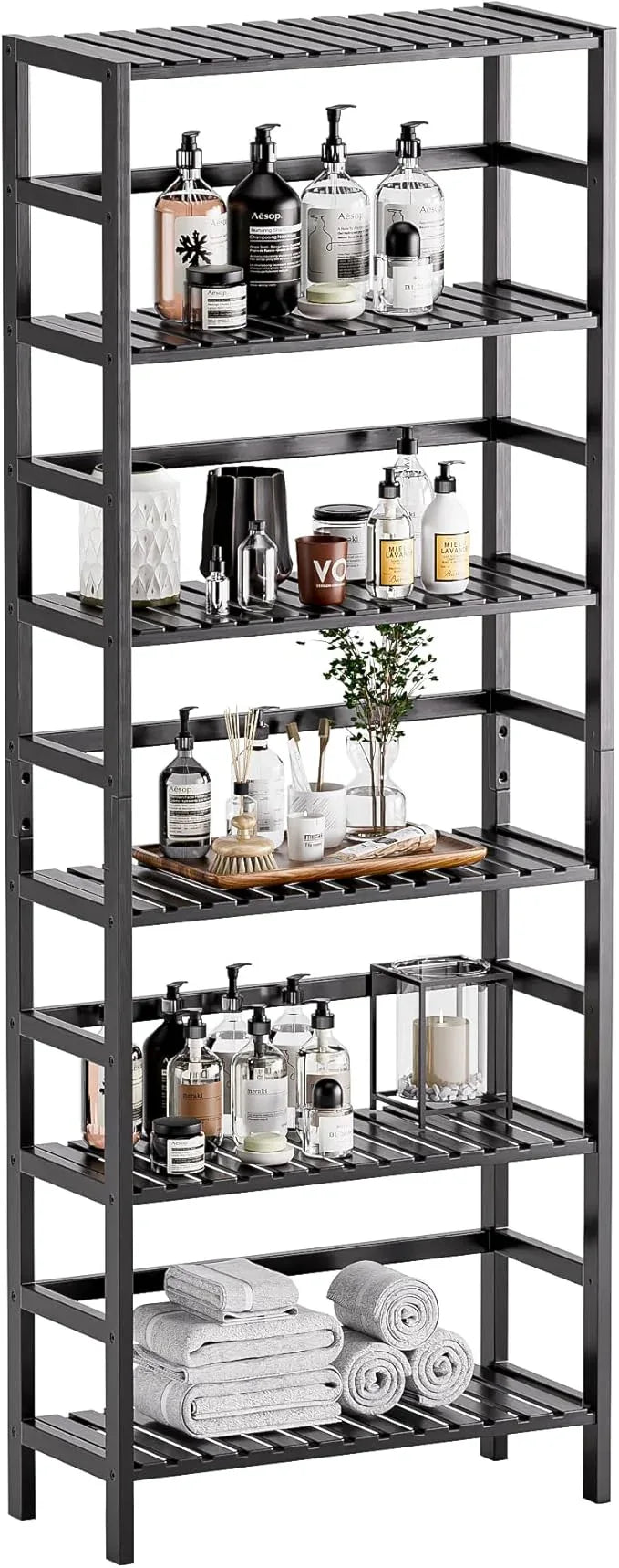 HITNET Bamboo Bookshelf, 6-Tier Tall Open Bookcase with Adjustable Shelves, Floor Standing Storage Shelf Unit for Living Room Bathroom Home Office, Black - ModernBath