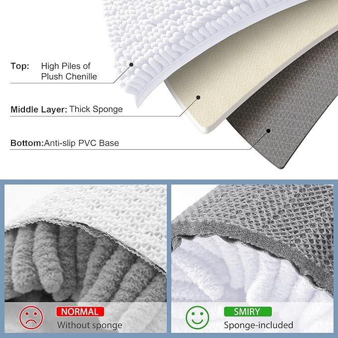 Smiry Luxury Chenille Bathroom Rugs 70x24, Extra Soft and Absorbent Shaggy Bath Mat, Machine Washable, Non-Slip Plush Carpet Runner for Tub, Shower, and Floor, Home Decor Accessories, White - ModernBath