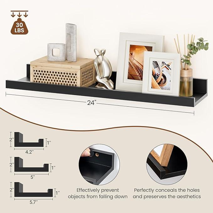 Heimlove Floating Shelves Set of 6, 24" Wall Mounted Picture Ledge, Display Shelf Organizer for Decor Storage, Wall Mounted Shelves for Living Room, Bedroom, Bathroom, Kitchen (Black) - ModernBath