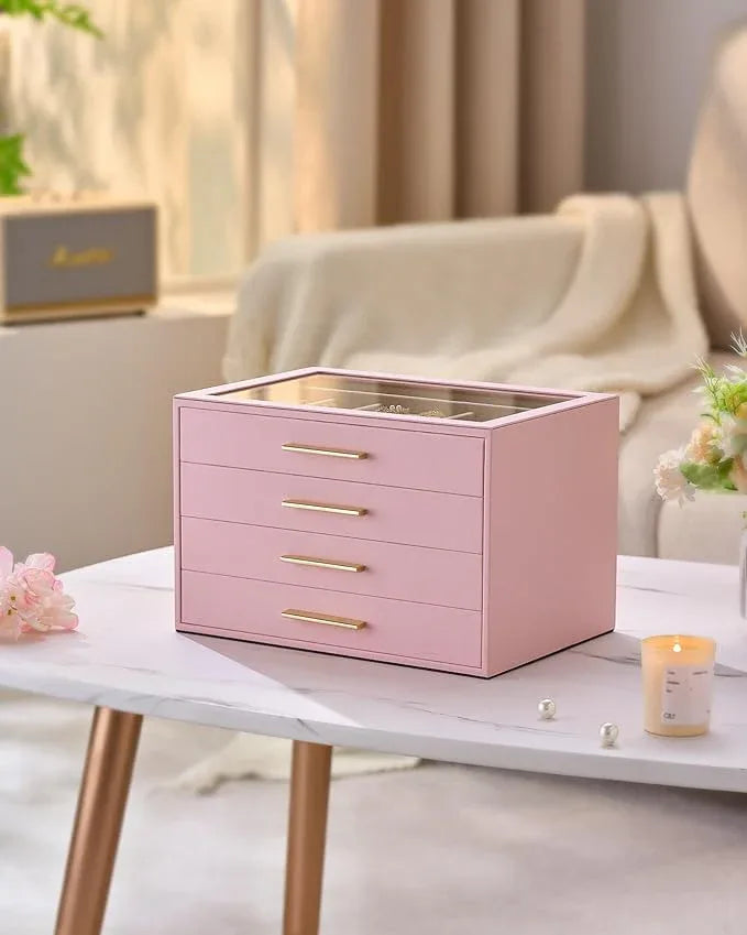 pickpiff Jewelry Box Organizer Case for Women: 4-Layer Jewelry Storage Case with Glass Window, Pink Leather with Velvet Holder for Ring Necklace Bracelet Brooch Watch, Great Gift for Her - ModernBath