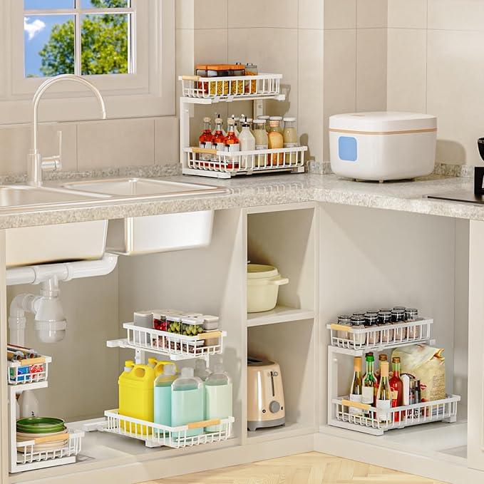 2Pcs Under Sink Organizer, Adjustable Under Sink Organizers and Storage, 2-Tier Pull Out Under Kitchen Sink Organizer, Sliding Out Metal Under Bathroom Sink Organizer for Kitchen Pantry White - ModernBath