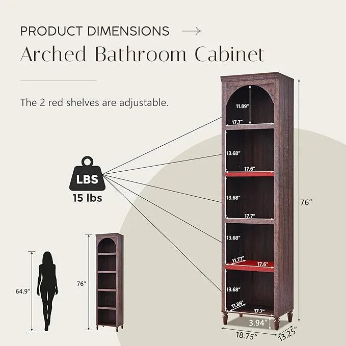 76" Tall Arched Bathroom Storage Cabinet, 5 Tiers Narrow Farmhouse Arched Cabinet w/Adjustable Shelves, Modern Wooden Storage Cabinet for Bathroom, Living Room, Entryway, Study Room (Brown) - ModernBath
