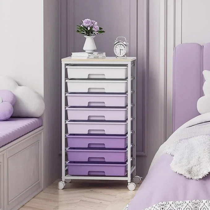 Rolling Cart with Drawers,Utility Cart With 8 Drawers and Wooden Tabletop for Living Room,Classroom,Bedroom,Bathroom,Dorm,Office,Purple - ModernBath