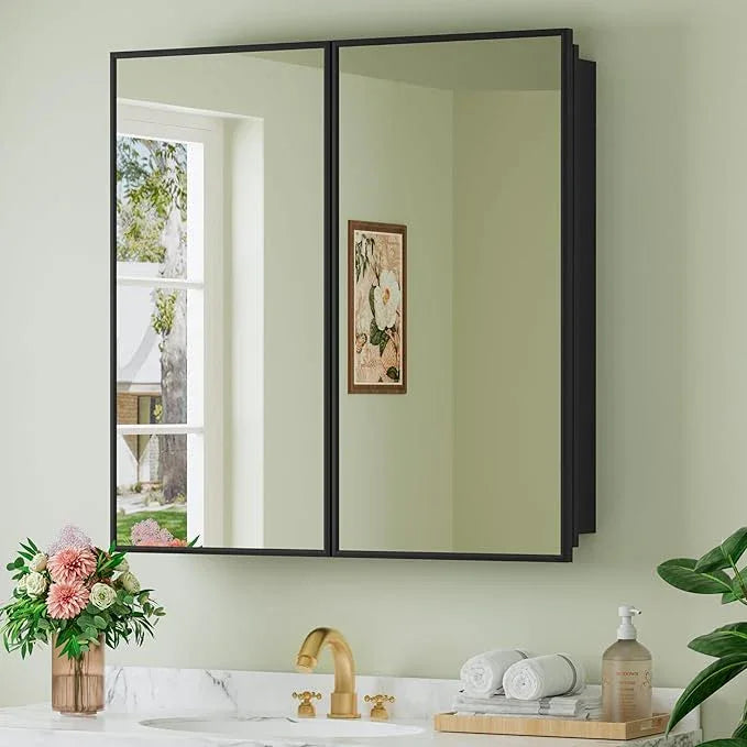Buruis 30" x 30" Framed Medicine Cabinet with Mirror, Recessed or Wall Mounted Bathroom Cabinet, Adjustable Tempered Glass Shelves, Left/Right Open Reversible, No Assembly Required, Black - ModernBath