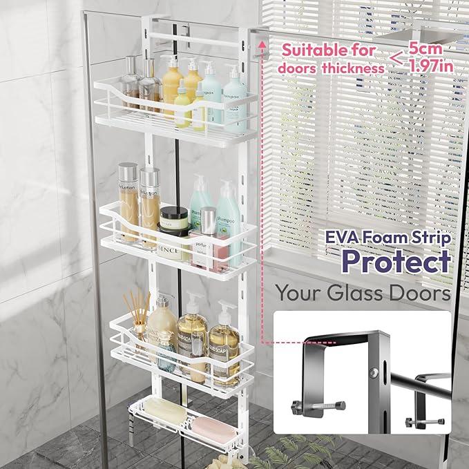 SWTYMIKI Over the Door Shower Caddy - 4 Tier Adjustable Shower Organizer Hanging with Soap Holder, No Drilling Stainless Steel Bathroom Rack Hanging for Body Wash, Shampoo, Soap, Razor, White - ModernBath