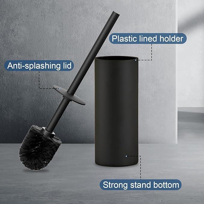 Toilet Brush and Holder Set, NEWRAIN 304 Stainless Steel Toilet Brush with Long Brush Handle, Matte Black Toilet Scrubber and Covered Holder, Round Design Sturdy and Space Saving, Covered Brush - ModernBath