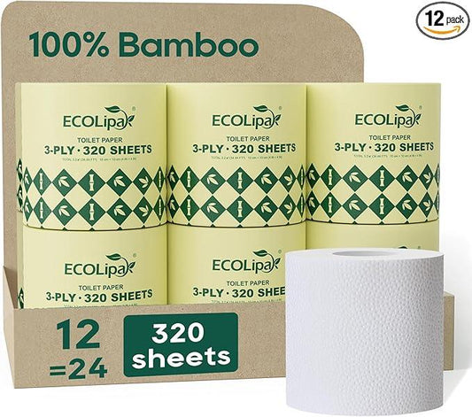 ECOLipak Bamboo Toilet Paper 3 Ply, Septic Safe Toilet Tissue, 12 Double Rolls, 320 Sheets Per Roll, Tree Free, Non Toxic, Soft and Absorbent, Eco Friendly Dye-Free Paper, White - ModernBath
