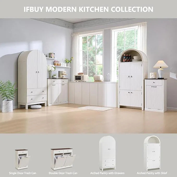 71" Tall Arched Bathroom Storage Cabinet, Modern Fluted Storage Cabinet w/Doors, 3 Adjustable Shelves, 6 Door Shelves, Wood Freestanding Cabinet for Bathroom, Entryway, Hallway, Antique White - ModernBath