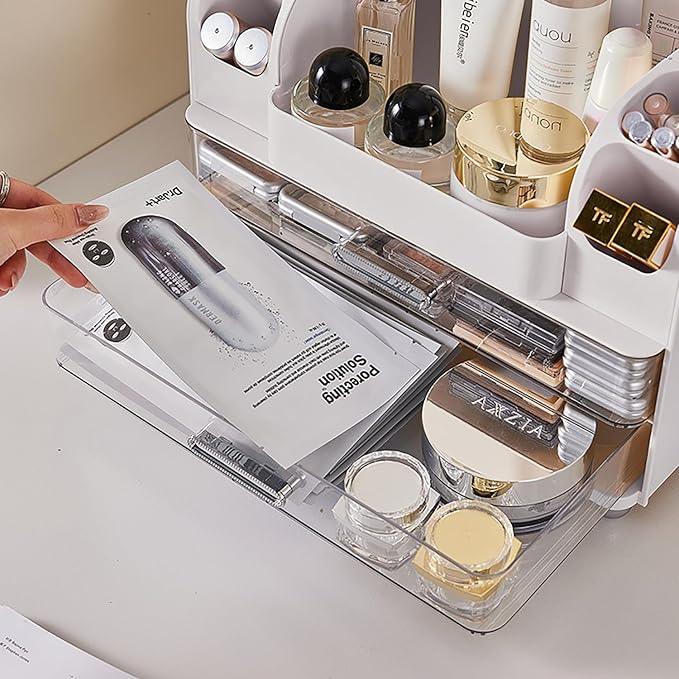 Makeup Organizer with Drawers for Vanity,Bathroom Countertop Organizer with Brushes Holder,Skincare Storage Organizer,Perfect Cosmetic Display Case for Skincare,Lipstick and Beauty Essential (White) - ModernBath
