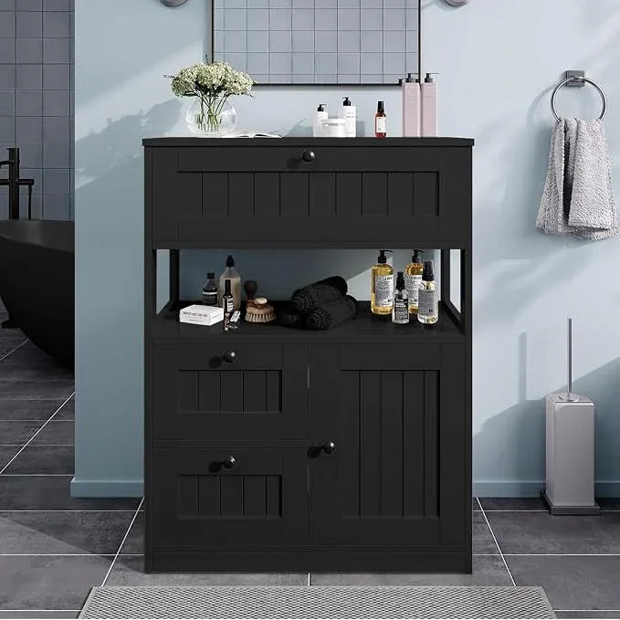 Storage Cabinet, Modern Bathroom Floor Storage Cabinet Organizer with 1 Door and 3 Drawers, Freestanding Cupboard for Kitchen/Living Room Use - ModernBath