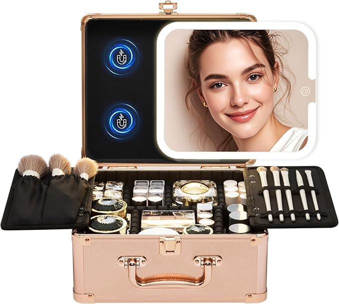 Yooaye Makeup Box with Detachable Lighted Mirror–Travel Train Case, Cosmetic Storage Organizer & Makeup Suitcase with Adjustable Dividers & Magnetic LED Mirror (Rose Gold) - ModernBath