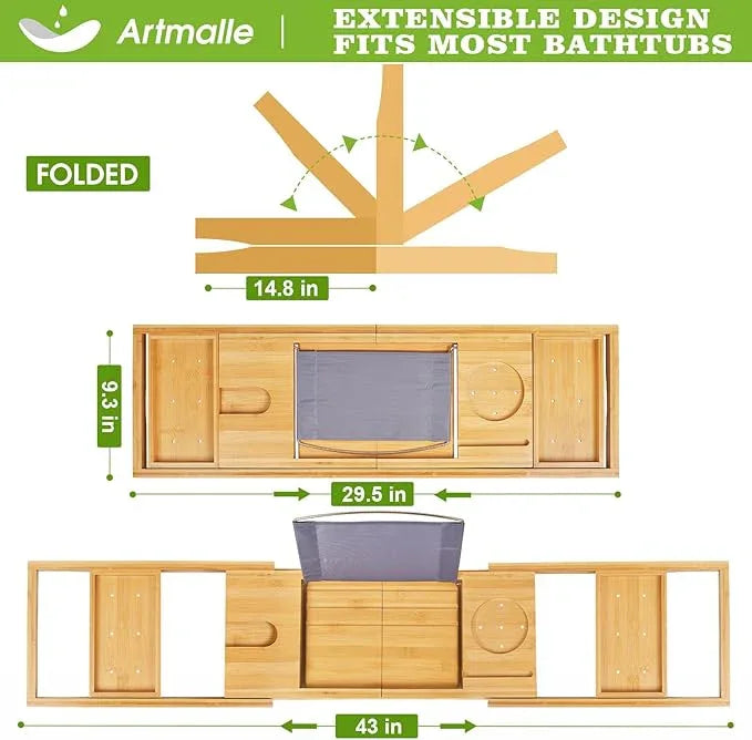 Artmalle Bathtub Caddy Tray for Tub,Foldable Bamboo Bath Table Tray with Book and Wine Glass Holder, Free Soap Dish Suitable for Luxury Spa or Reading,Natural - ModernBath