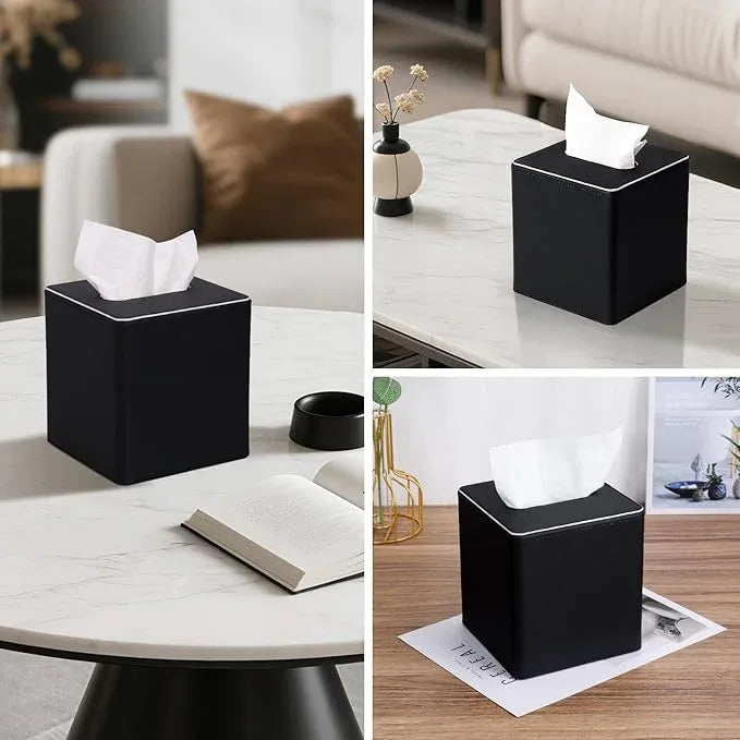 KINGFOM Leather Tissue Box Cover – Square Modern PU Leather Tissue Holder, Cube Tissue Dispenser for Home, Office, Bedroom, Bathroom – Elegant Minimalist Style (Black-Square) - ModernBath