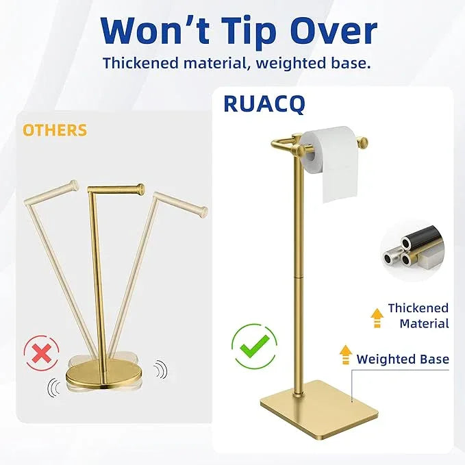 RUACQ Toilet Paper Holder Stand, Bathroom Toilet Paper Roll Holder Free Standing, Toilet Tissue Holder Stand with Post Pivoting Design, Stable Weighted Base, SUS304 Stainless Steel (Brushed Gold) - ModernBath