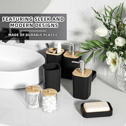 XLHOMO Bathroom Accessories Set - Elegant Black Bathroom Set, 10PC Bathroom Accessory Set, Toilet Brush, Trash Can, Qtip Holder Dispenser & Soap Dispenser - ModernBath