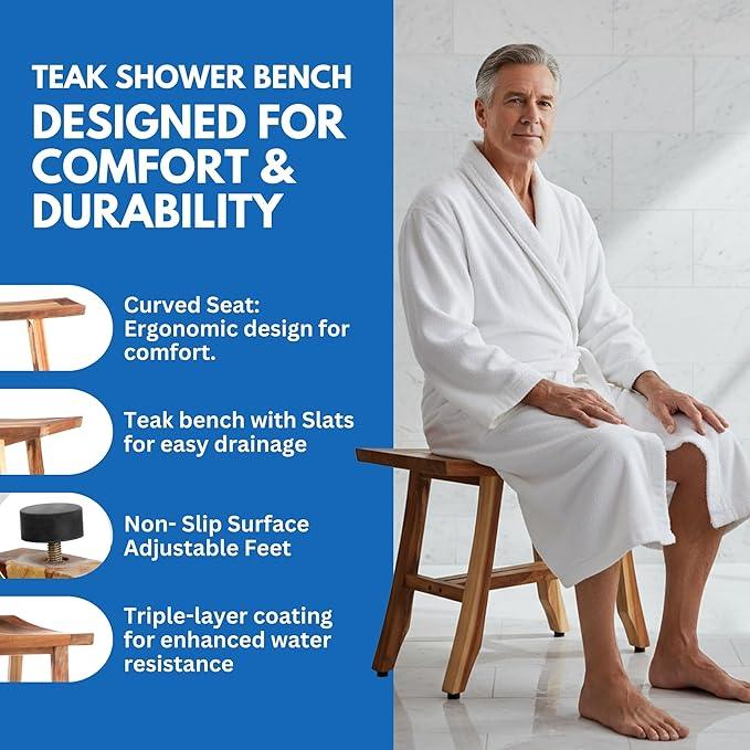 EcoDecors 24 Inch Satori Natural Teak Waterproof Teak Wood Shower Bench Stool Seat Chair for Inside Shower Provides Safety, Storage, and Organization for Bathroom Accessories - ModernBath
