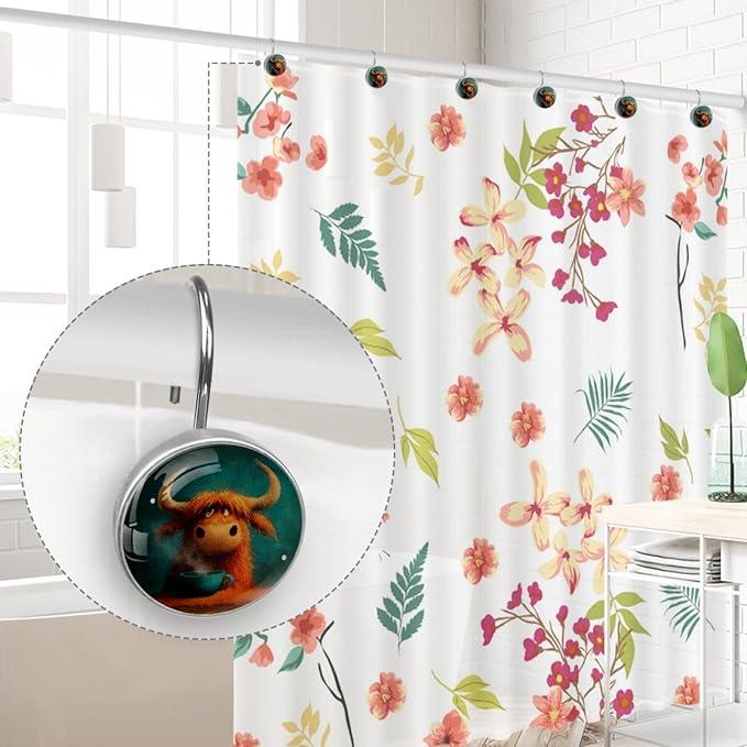 Cartoon Yak Rust Proof Shower Curtain Hooks 12Pcs for Bathroom Shower Rod, Decorative Shower Hooks Shower Curtain Hanger Rings Roller, Glass, Resin, Stainless Steel - ModernBath