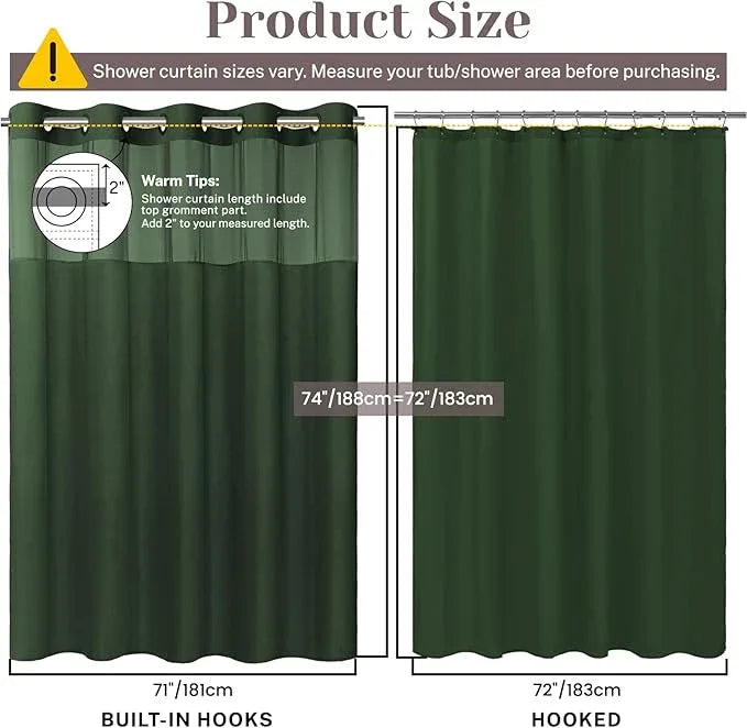 SORTTO No Hook Slub Textured Shower Curtain with Snap in Liner - Dark Green Fabric Outer Curtain & Waterproof Inner Liner, Hotel Style with See Through Top Window, 71x74 in - ModernBath