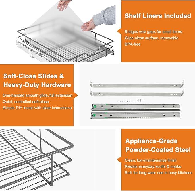 ALINE FURNITURE Pull Out Shelves - 8" W x 22" D Soft Close Pull Out Cabinet Organizer 1 Tier - Slide Out Drawers with Shelf Liner, Heavy Duty Steel Wire Baskets for Kitchen Cabinets, Pantry, Bathroom - ModernBath